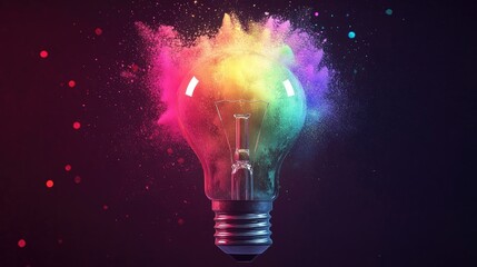 3d light bulb explodes liquid rounded style splash with rainbow pride color powder isolate on transparency background PNG