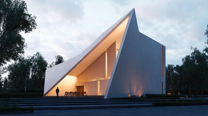 Obraz premium Modern church with minimalist design and a unique geometric shape.