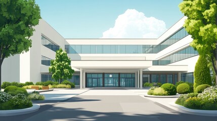 Fototapeta premium Modern hospital building with clean lines, large windows, and a welcoming entrance.