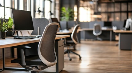 Modern office space with ergonomic chairs and minimalist desks, capturing the essence of a productive yet calm environment. Perfect for workplace imagery.