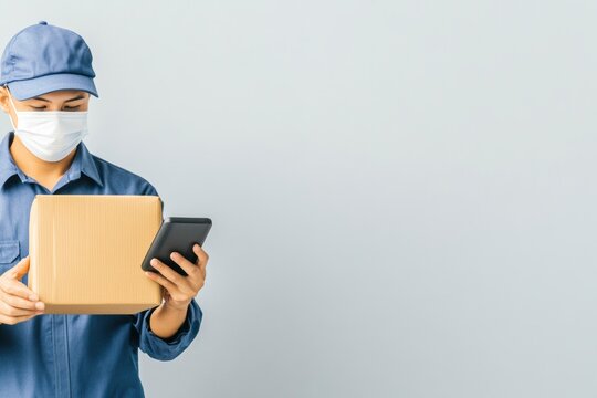 A man wearing a blue shirt and a blue hat is holding a box and a tablet