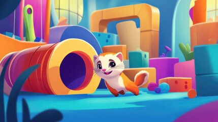 Fototapeta premium A playful cartoon ferret running through tunnels and playing with toys in a colorful pet habitat.