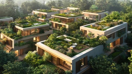 Fototapeta premium Modern residential complex with rooftop gardens and eco-friendly design features.