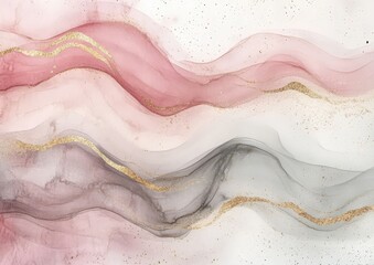 Obraz premium Abstract artwork featuring flowing waves of pink, gray, and white with shimmering gold accents on a light background