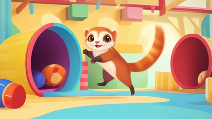 Naklejka premium A playful cartoon ferret running through tunnels and playing with toys in a colorful pet habitat.
