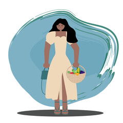 Dark-skinned girl in a light dress holding a woven basket with groceries while shopping. Vector flat style illustration. Perfect for use in marketing materials, shopping guides, and lifestyle content