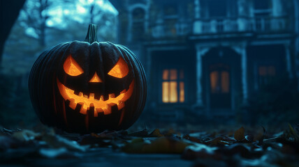 Obraz premium A pumpkin with a scary face is sitting on the ground in front of a house