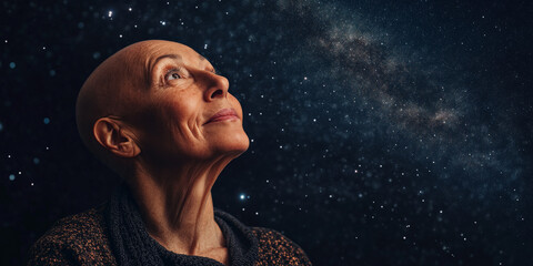 Fototapeta premium Bald New Zealander Woman Stargazing for Breast Cancer Awareness 