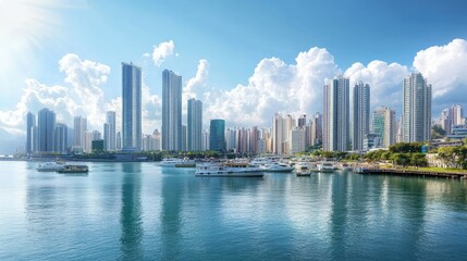 Fototapeta premium Panoramic view of a coastal city with modern high-rises and a bustling harbor.