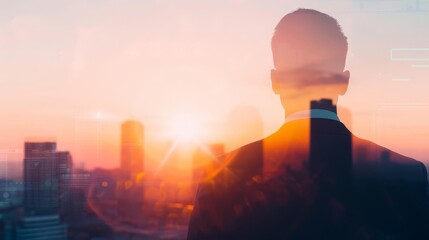 Fototapeta premium A double exposure a silhouette of a suited businessman overlooking a sunset city skyline, blending warm hues with modern skyscrapers, symbolizing ambition and introspection.