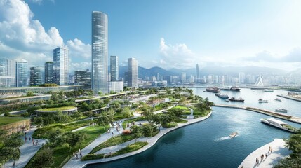 Obraz premium Panoramic view of a modern cityscape with high-rises, green spaces, and a bustling harbor.