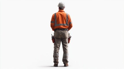 Back view of construction worker looking at something, standing isolate on transparency background PNG