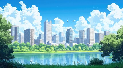 Skyline of a modern city with iconic skyscrapers and urban parks. -