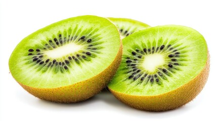 Fototapeta premium Sliced kiwi fruit showing its vibrant green flesh and black seeds, isolated on a white background.