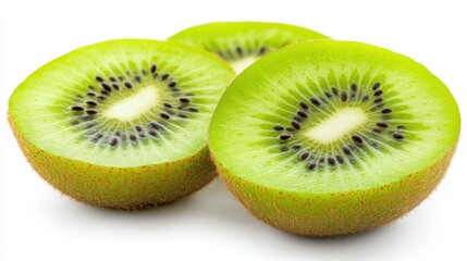 Fototapeta premium Sliced kiwi fruit showing its vibrant green flesh and black seeds, isolated on a white background.