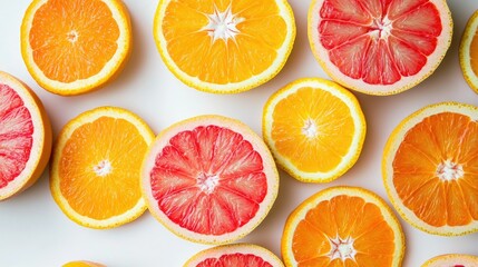 Sliced orange and grapefruit arranged in a circular pattern on a white background, showcasing their bright colors.