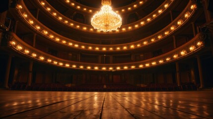 A grand stage illuminated by a shimmering chandelier, perfect for theatrical or performance related imagery.