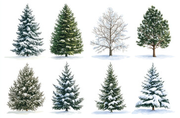 Fototapeta premium A Variety of Christmas Eve Snow-Covered Trees in Different Sizes for a Winter Wonderland