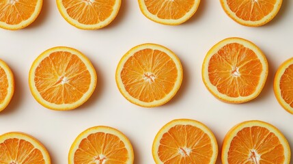 Fototapeta premium Sliced oranges arranged in a neat pattern on a white surface, showcasing their bright color and juicy texture.