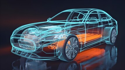 Electric Car Wireframe Illustration with Battery and Engine