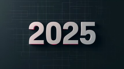 A minimalist 3D rendering of the year 2025 in white on a dark grid background.