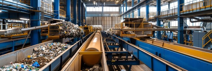 Fototapeta premium Industrial metal recycling facility with conveyor belts and scrap metal