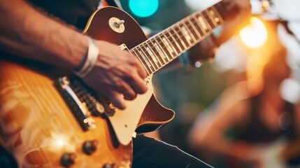 Obraz premium A musician plays guitar and a lead singer sings on stage at a music festival, capturing the energy of live performances With copy space