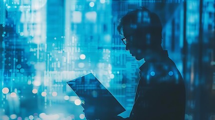 Businessman in a Blue Theme Workspace, Examining Business Analytics, Copy Space