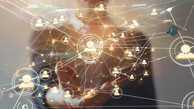 Business or owner man hold circle of network structure HR Human resources. Business leadership concept. Management and recruitment. Social network. Different person, business, leader
