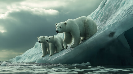 Naklejka premium Polar bear family, mother and baby on snow, melting ice, concept of climate changes
