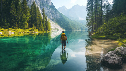 Fototapeta premium A lone hiker exploring a tranquil lakeside trail with clear water reflecting the surrounding nature