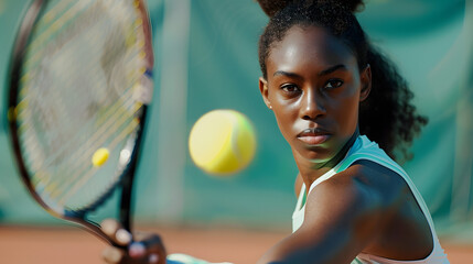 Focused young African American female player with racket in hands standing on court and exercise for fitness