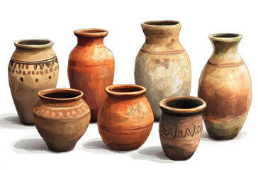 A Group of Clay Pot Illustrations in Assorted Sizes for a Rustic Home Decor Theme
