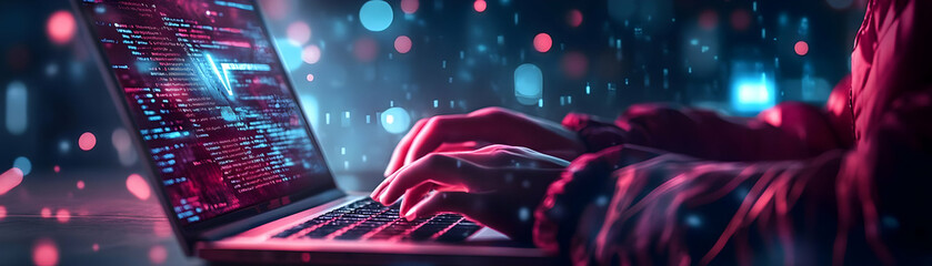 Cybersecurity Abstract Image - Hacker Working on Laptop with Code
