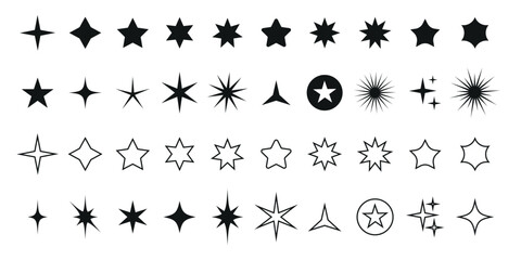 Star icons vector set. Modern simple black stars collection. Twinkling stars, shining burst. Star icons, rating and rank symbols, decor star collection. Christmas vector symbols isolated on white back