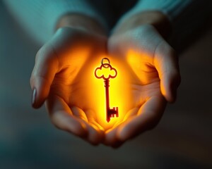 Close-up of hands holding an old-fashioned key illuminated by a warm, glowing light, symbolizing mystery, security, and opportunity.