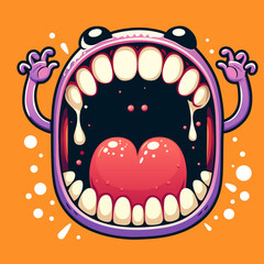 Funny monster face expression with mouth closeup, teeth and tongue. Monster mouth with tongue. Monster square avatar. Funny facial expression alien character cartoon. Cute monster orange background © Nataliia