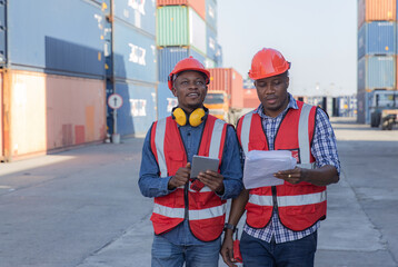 Foreman or worker work at Container cargo site check up goods in container. Foreman or worker checking on shipping containers. Logistics and shipping.