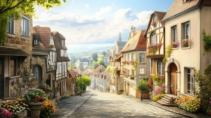 Fototapeta premium Traditional European village with cobblestone streets and charming houses.