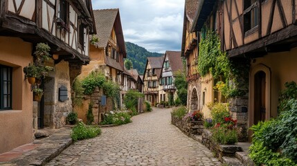 Traditional European village with cobblestone streets and charming houses.