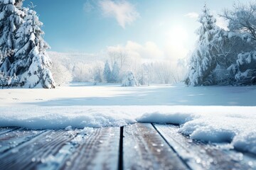 A snowy winter background with wooden flooring, highlights the serene beauty of the season, with copy space