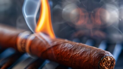Close-up of a cigar being lit with a flame.