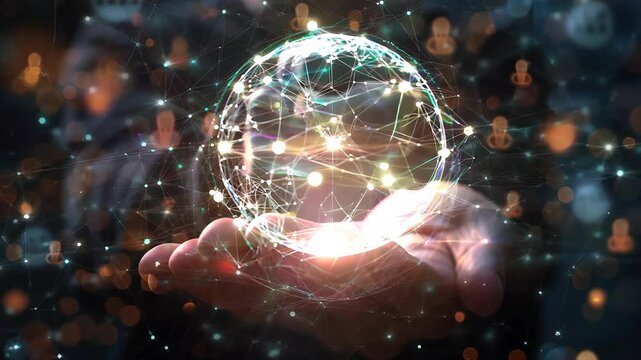 Business or owner man hold circle of network structure HR Human resources. Business leadership concept. Management and recruitment. Social network. Different person, business, leader