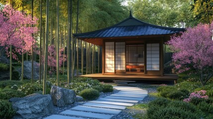Obraz premium Traditional Japanese tea house in a serene garden setting, surrounded by bamboo and cherry blossoms.
