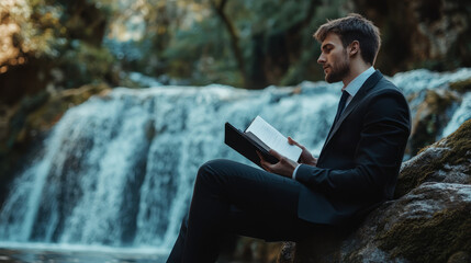 Obraz premium A young businessman sitting by a waterfall, with a notebook open, lost in thought