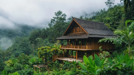 Fototapeta premium Traditional wooden house on a hillside, surrounded by lush forests.