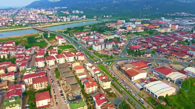 Aerial view a city with a river.