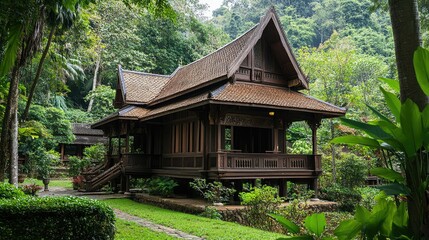 Traditional wooden Thai house with a raised platform and steep roof surrounded by greenery.