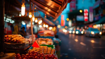 Fototapeta premium Urban night scene on Yaowarat, Thailand market road, market stalls, blank area