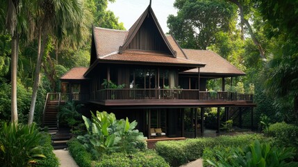 Obraz premium Traditional wooden Thai house with a raised platform and steep roof surrounded by greenery.